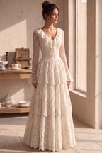 Cream Floral Lace Tiered Maxi Dress with Lace-Up Bodice Flowering Girl