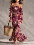 Rose Pink Floral Off-Shoulder Chiffon Maxi Dress Flowering Girl
