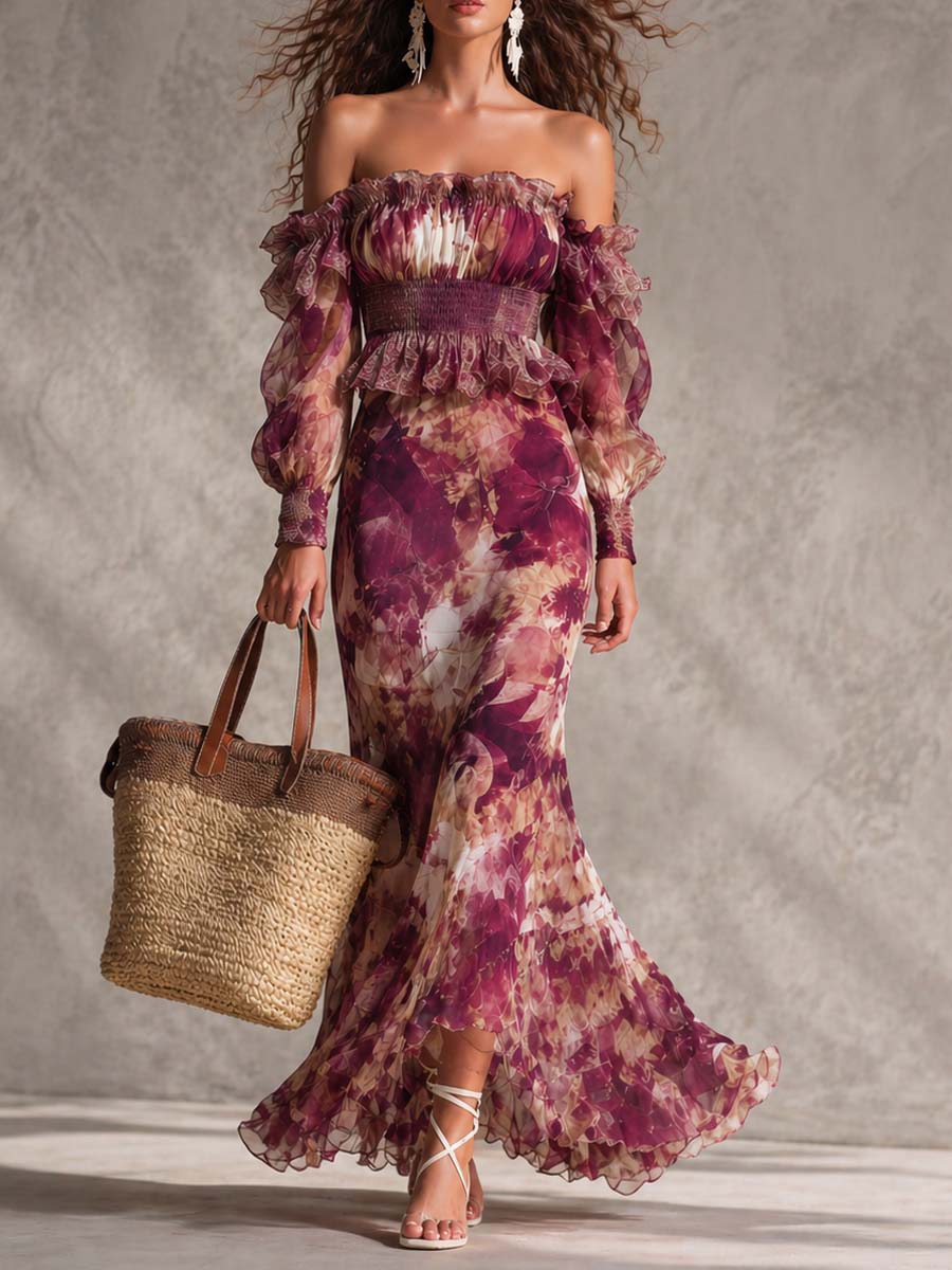 Rose Pink Floral Off-Shoulder Chiffon Maxi Dress Flowering Girl