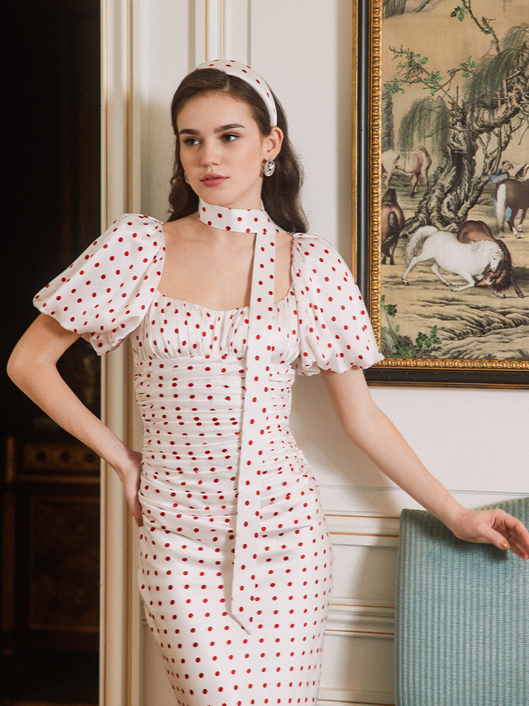 Red Polka Dot Bubble Sleeve Midi Dress Flowering Girl