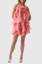 Lorraine Halter Floral Ruffle Layered Mini Dress In Orange Flowering Girl