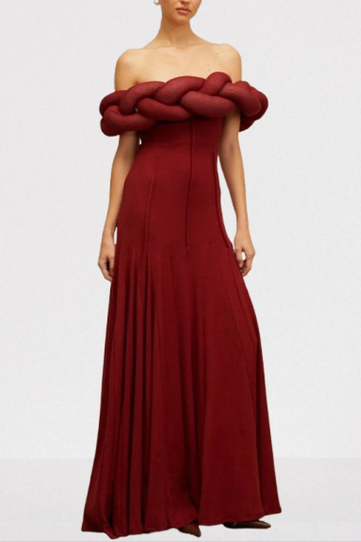 Padded Braided Off-Shoulder Maxi Dress in burgundy Flowering Girl
