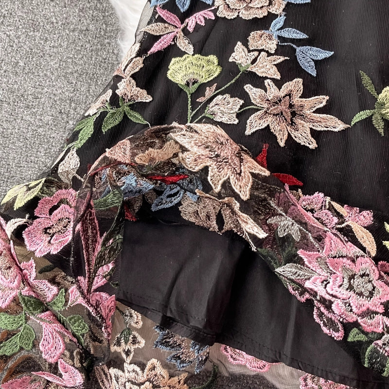 Black Floral Embroidery A-Line Midi Dress with Sheer Mesh Overlay Flowering Girl