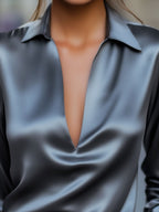 Silver Satin Blouse With Plunging V-Neck Flowering Girl
