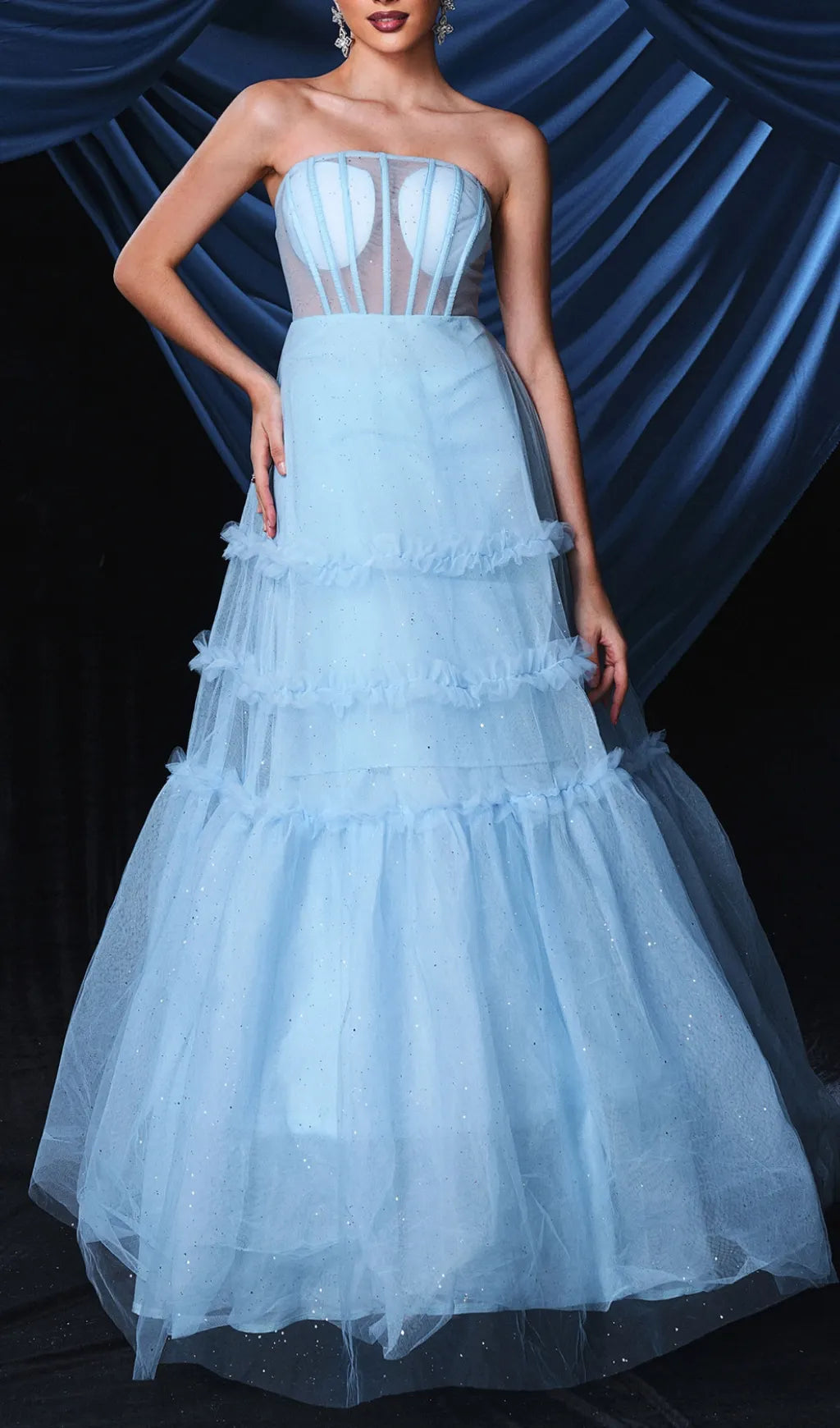 Borime Blue Corset Mesh Maxi Dress Flowering Girl