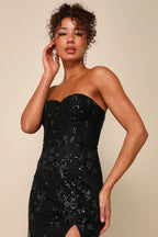 Sequin Print Strapless Bustier Maxi Dress In Black Flowering Girl