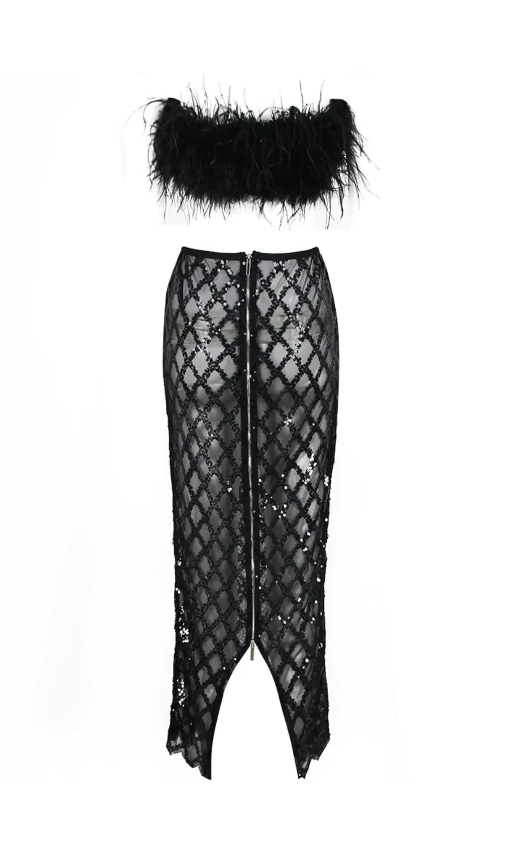 Feather Sequin Two Piece Set In Black Flowering Girl