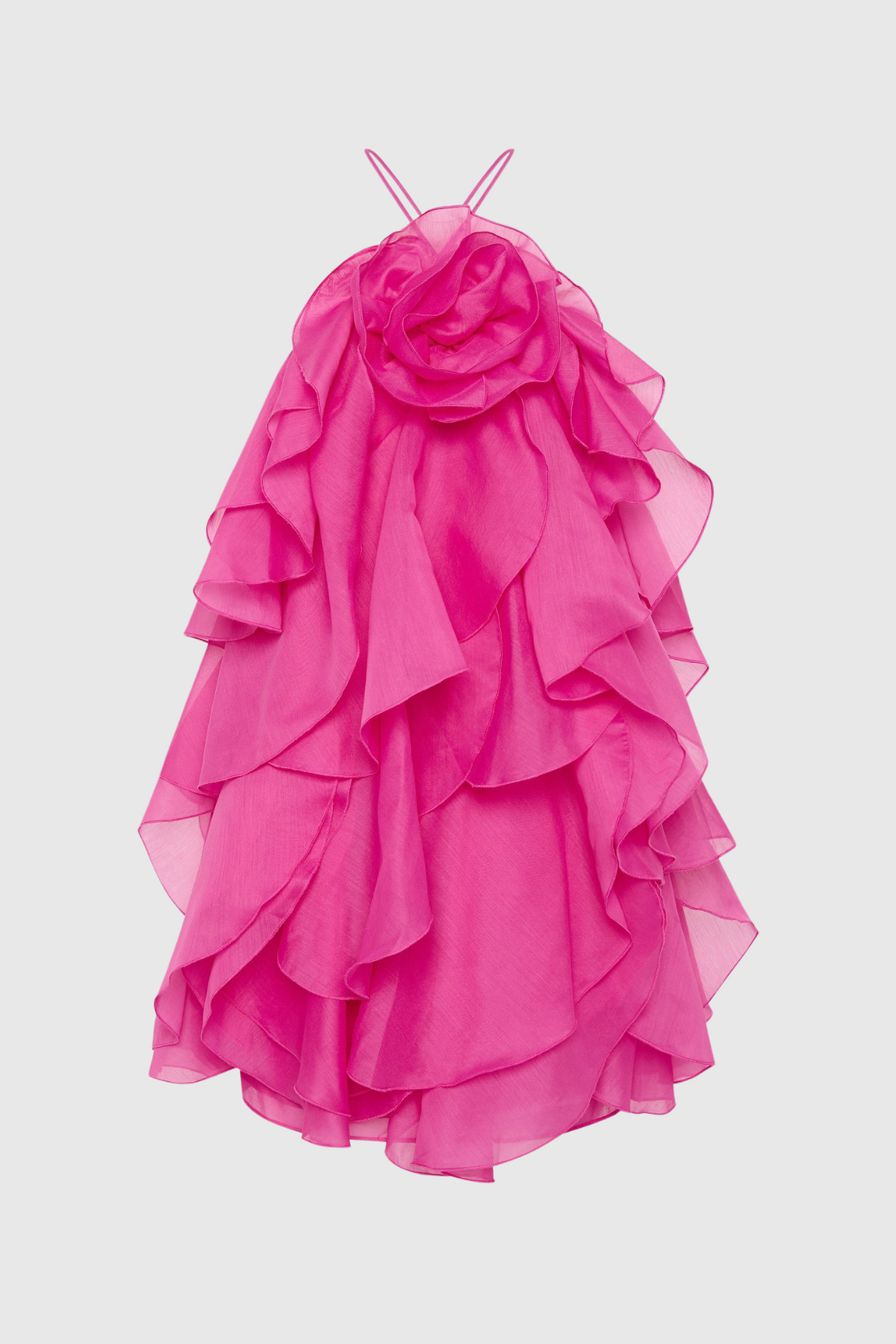 Lorraine Halter Floral Ruffle Layered Mini Dress In Fuchsia Flowering Girl