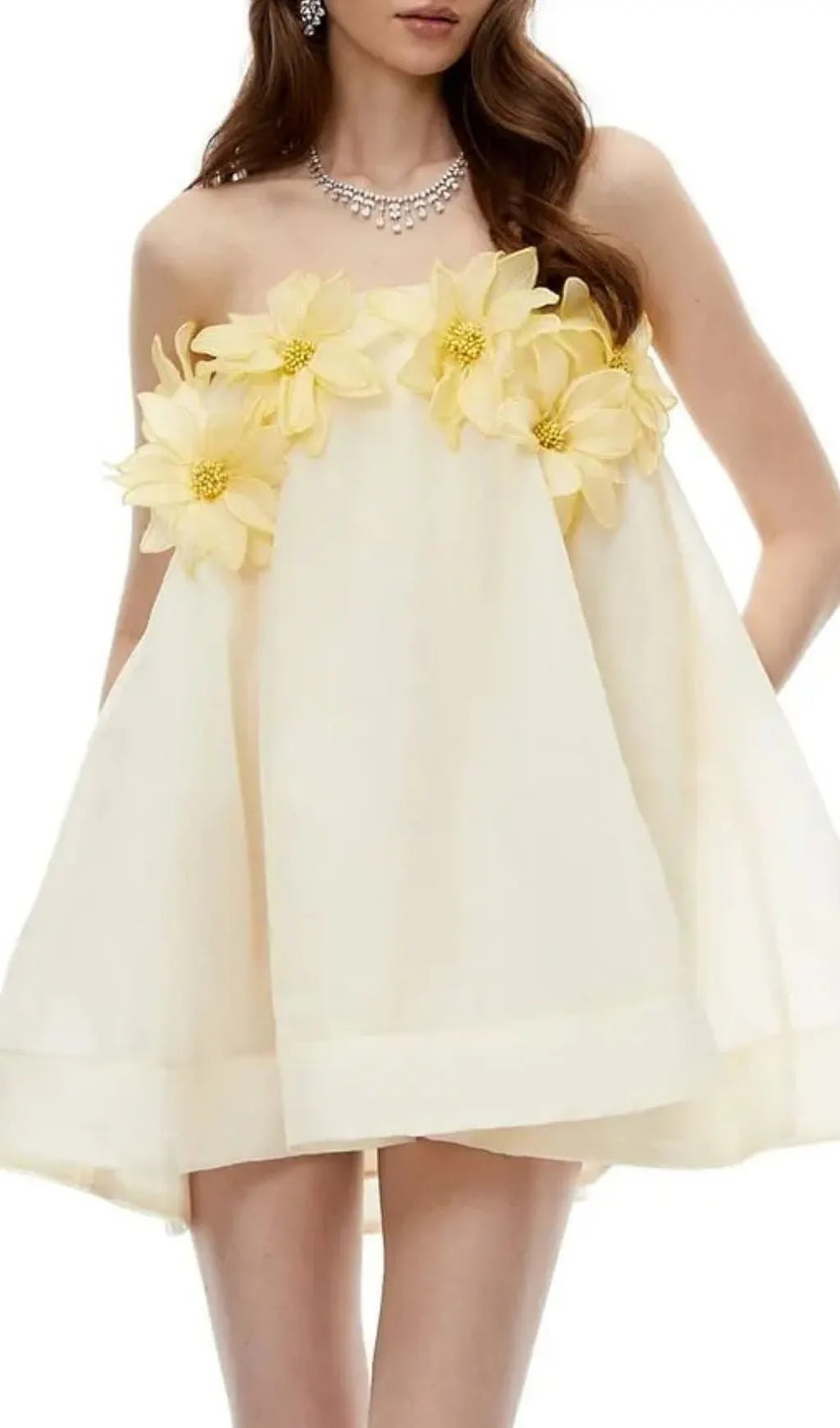 Sabrina Off-Shoulder 3D Floral Mini Dress In Yellow Flowering Girl