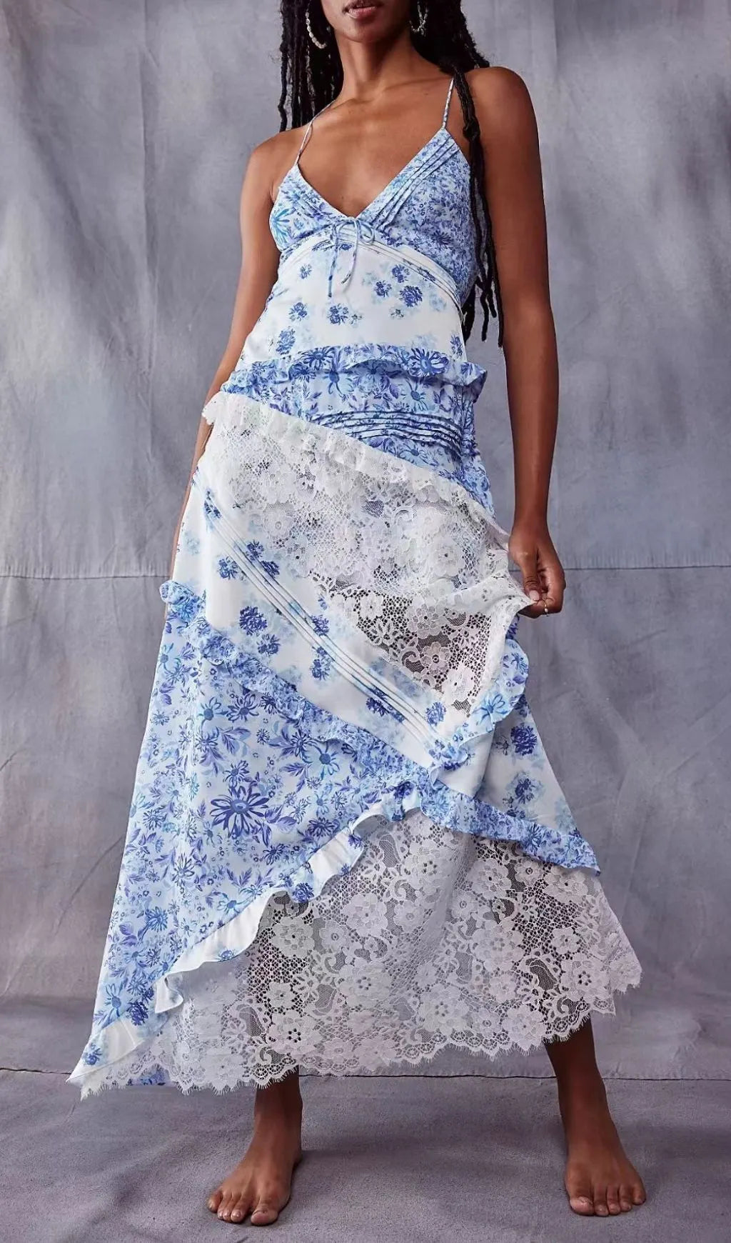 Georgia Blue V Neck Floral Print Lace Maxi Dress Flowering Girl