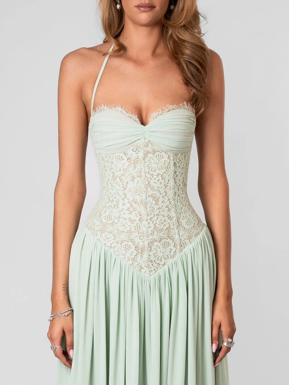 Masaaki Mint Halter Lace Maxi Dress Flowering Girl
