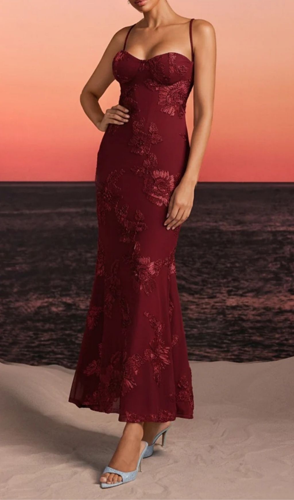 Zryne Spaghetti Embroidered Flower Maxi Dress In Wine Flowering Girl