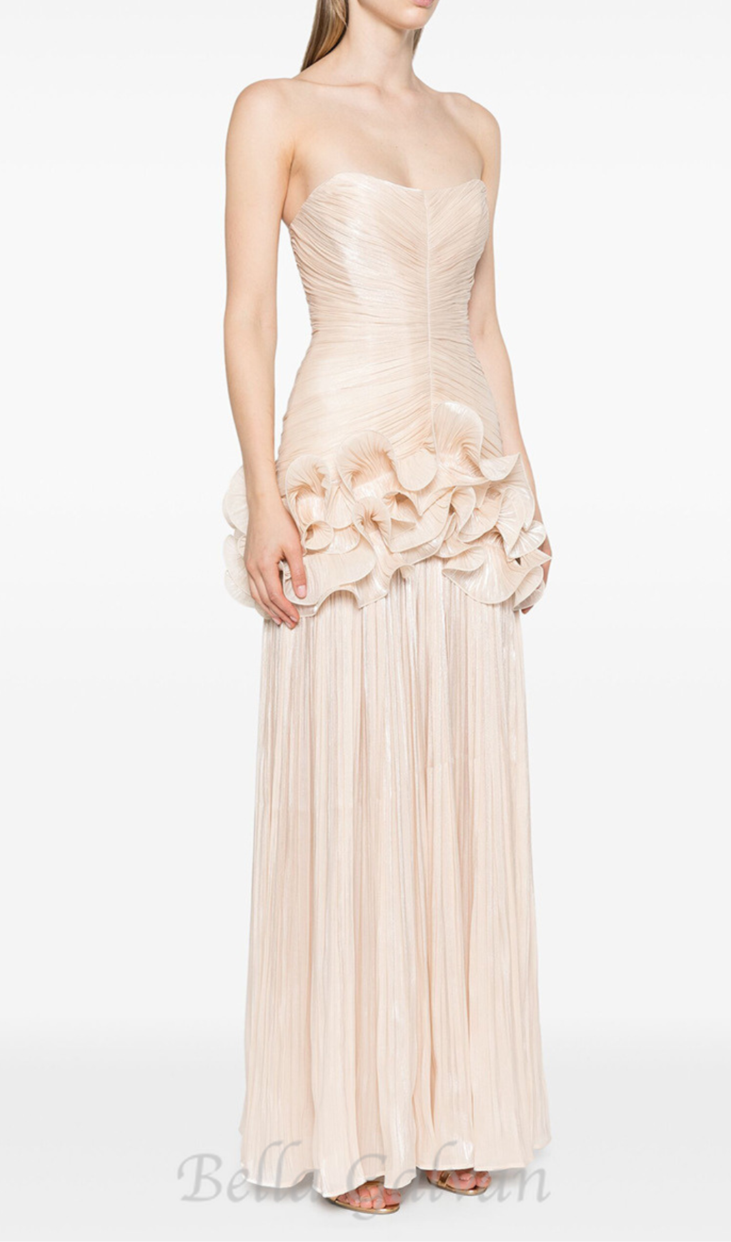 ruffle-embellished pleated maxi dress in apricot Flowering Girl