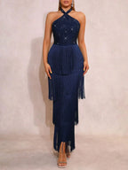 Merrit Blue Halter Diamante Tassel Maxi Dress Flowering Girl