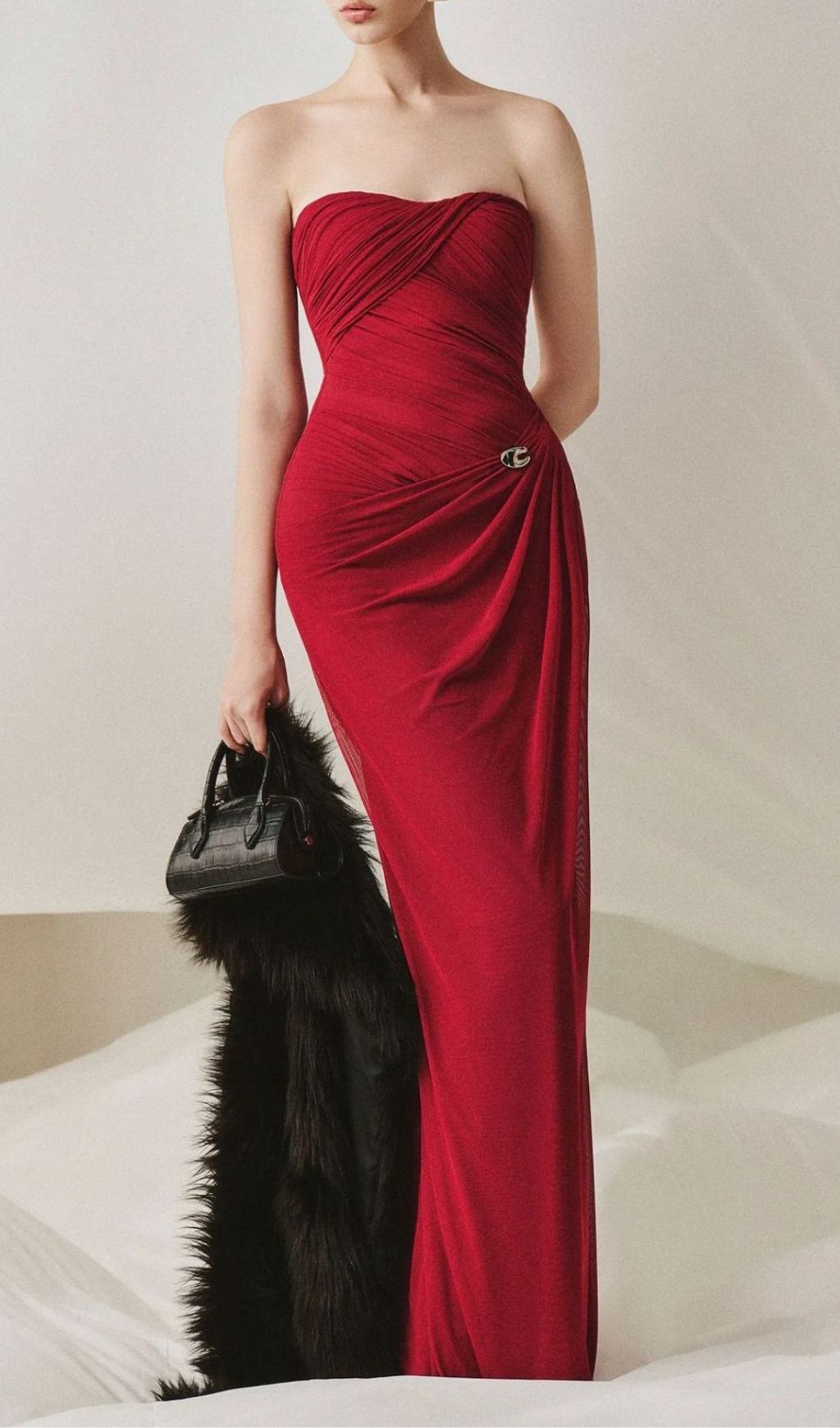 Lacey Red Ruched Maxi Dress Flowering Girl