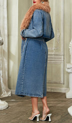 Adel Faux Fur Collar Denim Coat Flowering Girl