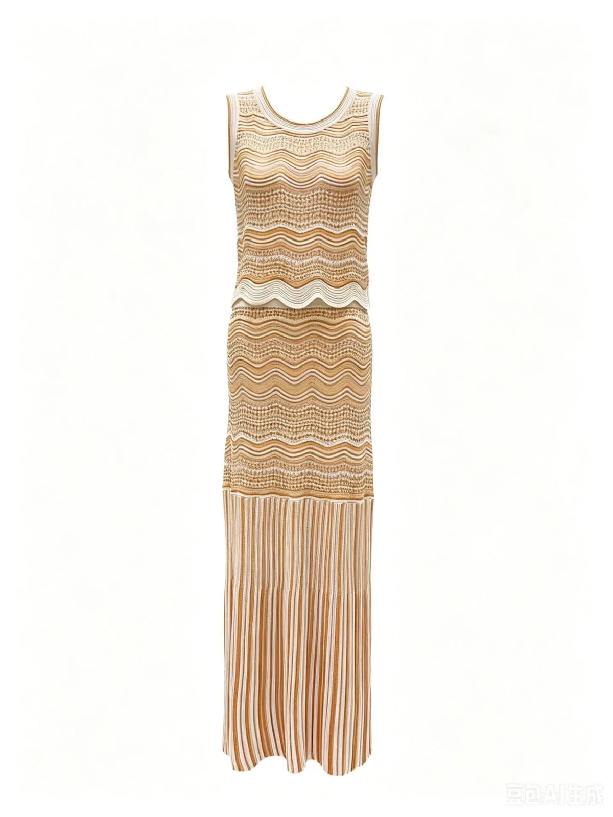 Beige Pointelle Knit Fitted Column Two-Piece Set Flowering Girl