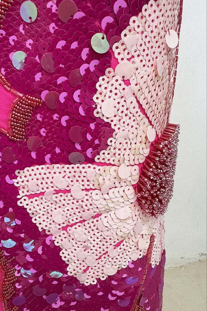 Sequin Flower Embellished Puff Sleeve Midi Dress In Pink Flowering Girl