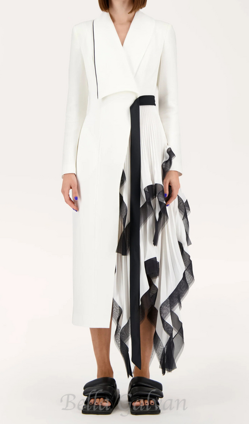 Asymmetric pleated ruffle trim blazer dress in white Flowering Girl