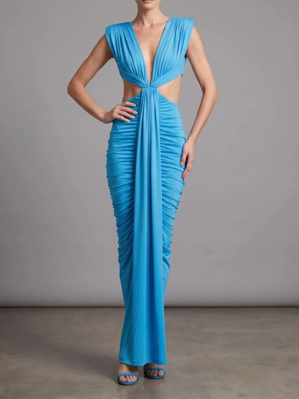 Mali Blue Ruched Cutout Maxi Dress Flowering Girl