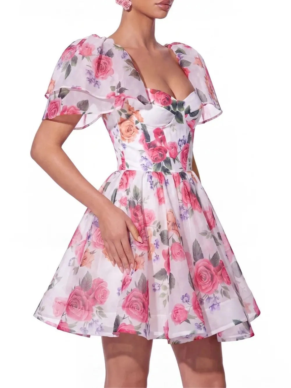 Fern Cape Sleeve Floral Organza Mini Dress Flowering Girl