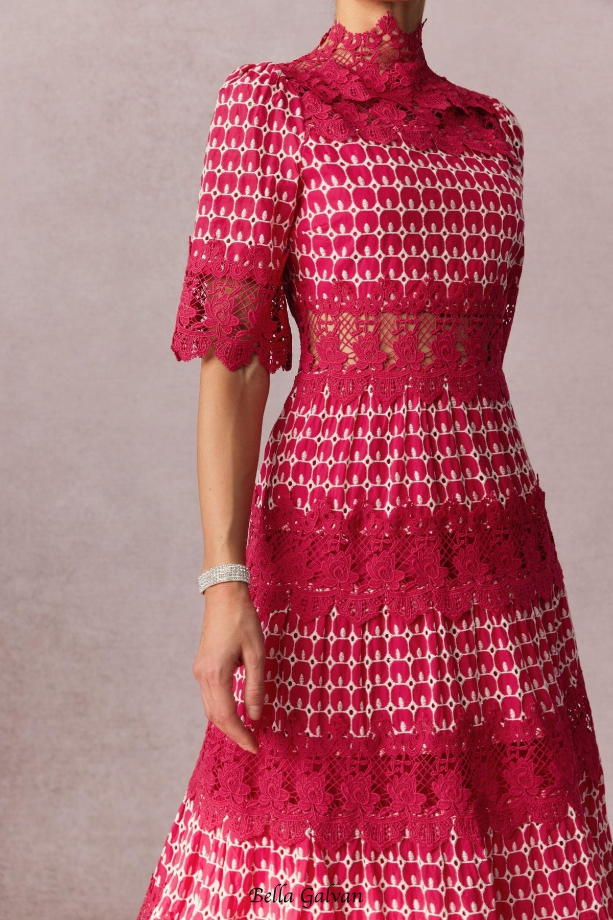 simona Embroidered Lace Midi Dress in red Flowering Girl