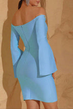 Cara Off-Shoulder Long-Sleeve Diamond Bodycon Mini Dress In Blue Flowering Girl