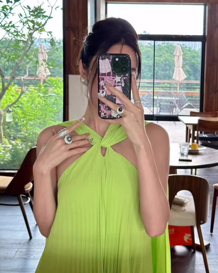 Alyssa Pleated Grass Green Maxi Dress Flowering Girl