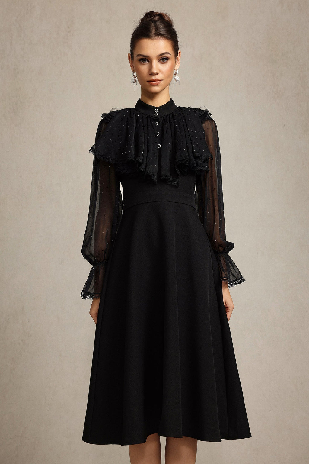 Helen Long Sleeves Diamond Artificial Feather Black Top And Skirt Two-Piece Set Flowering Girl