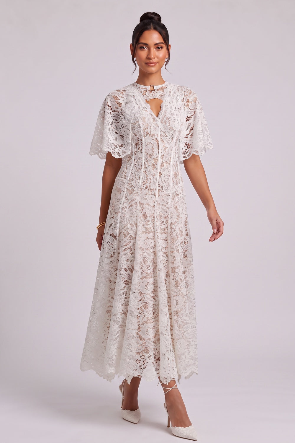 White Floral Lace A-Line Midi Dress with Keyhole Neckline Flowering Girl