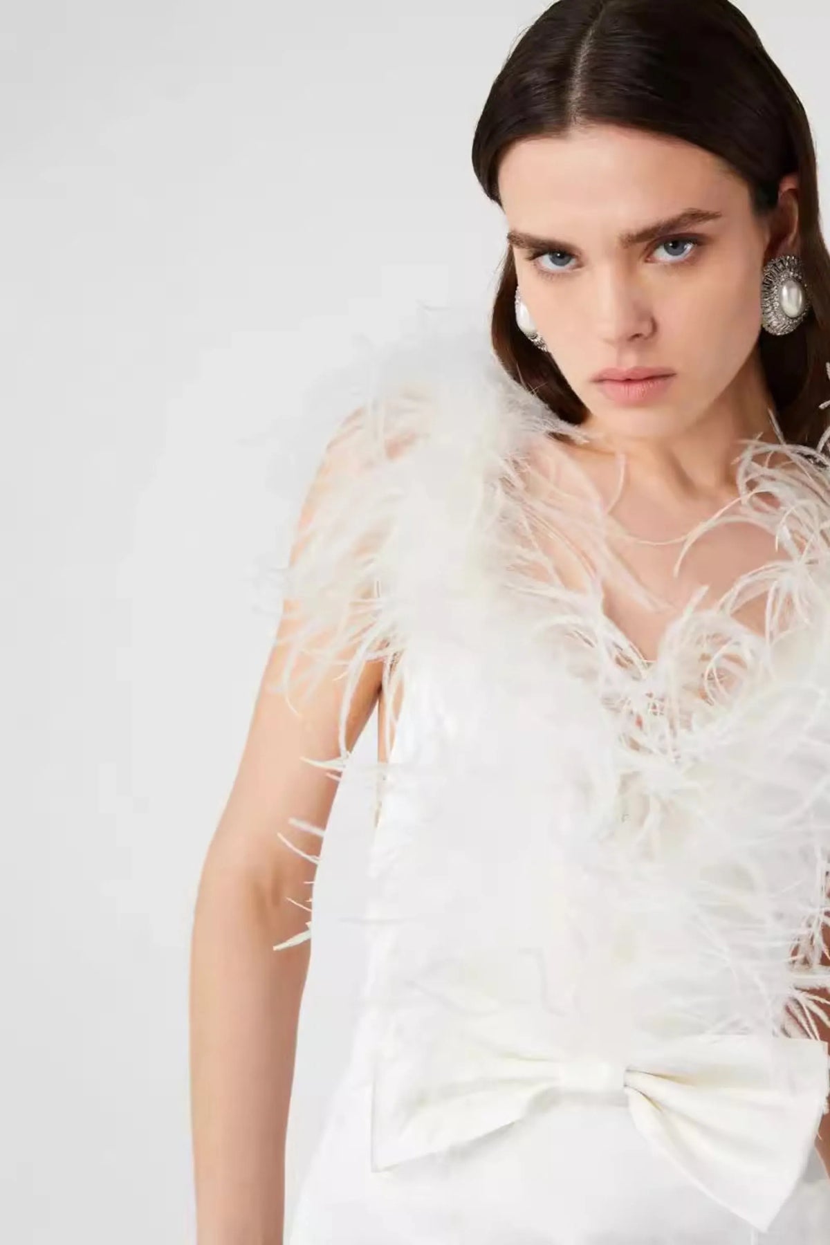 Feather Bow Backless Midi Dresses In White Flowering Girl