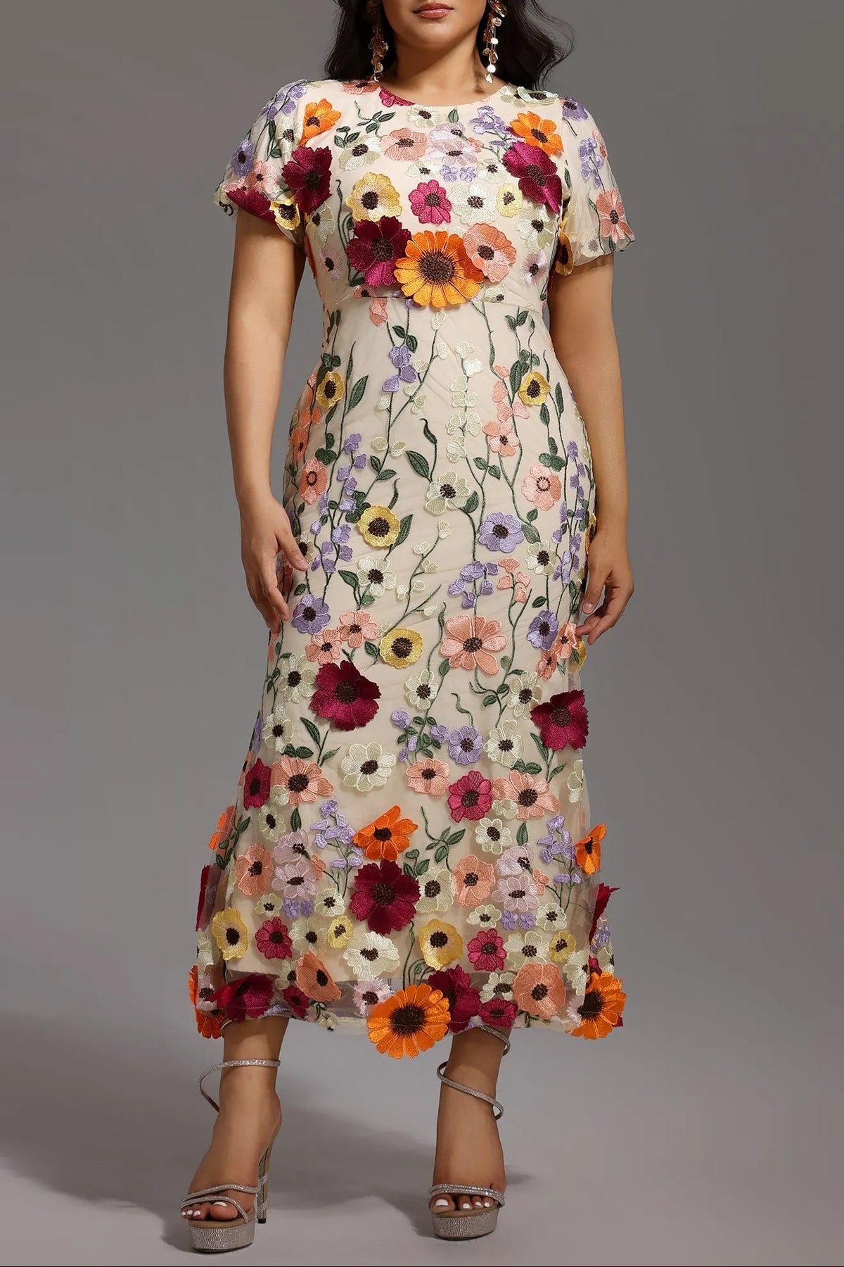 Naya Short Sleeve Round Neck Flowers Fishtail Midi Dress Flowering Girl