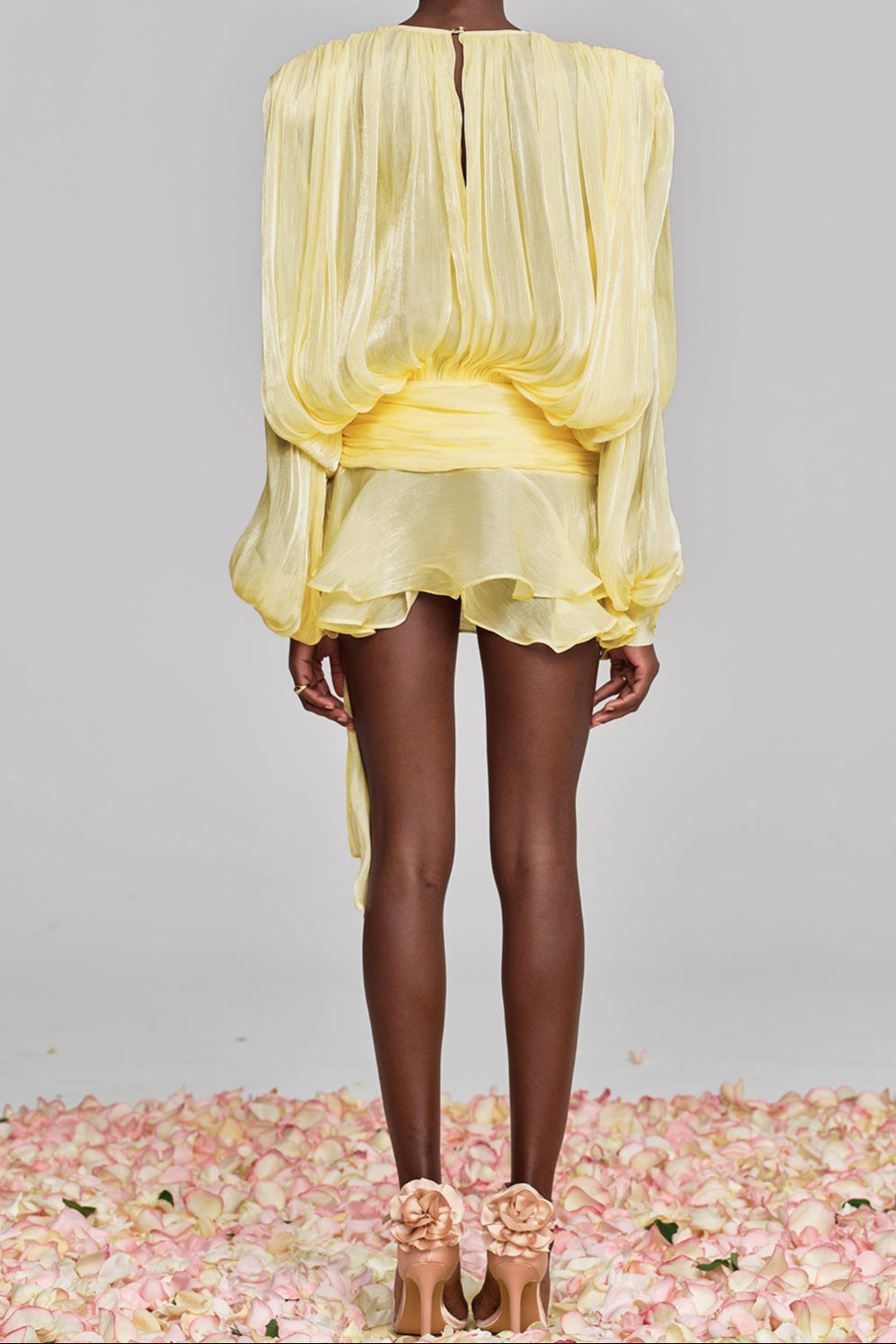 Hermosa Balloon Sleeve Ruch Ruffle Mini Dress In Yellow Flowering Girl
