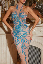 Christene High Neck Rhinestone Dress In Blue Flowering Girl