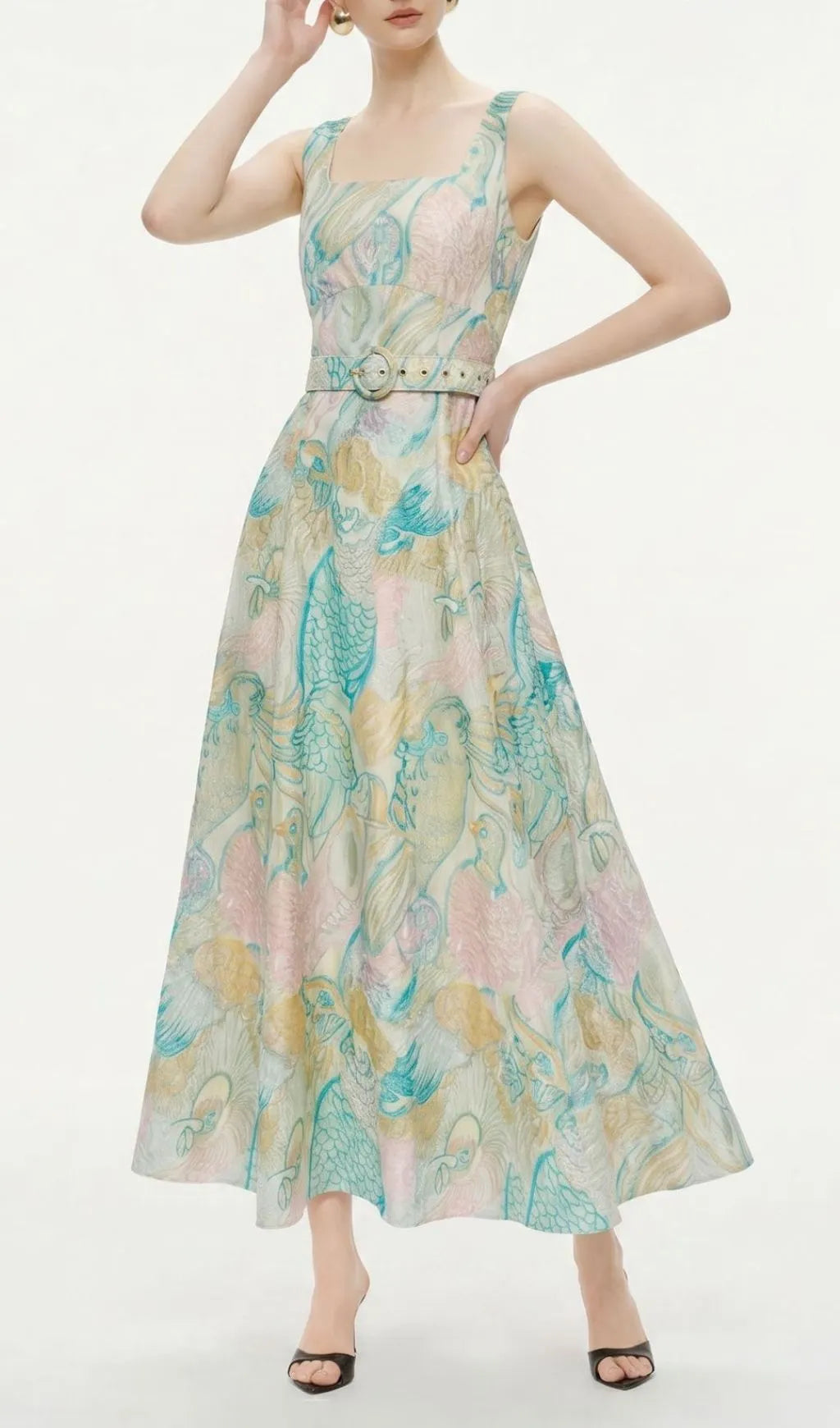 Macklyn Printed Midi Dress With Belt Flowering Girl