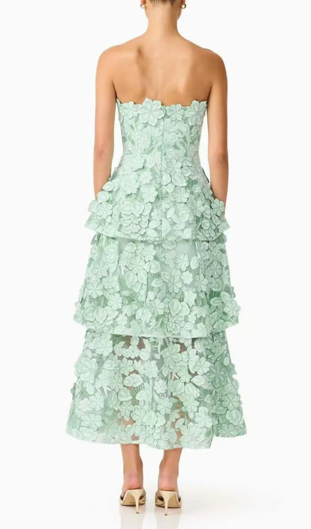Maayan Green Strapless Flower Embroidery Midi Dress Flowering Girl
