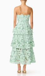 Maayan Green Strapless Flower Embroidery Midi Dress Flowering Girl