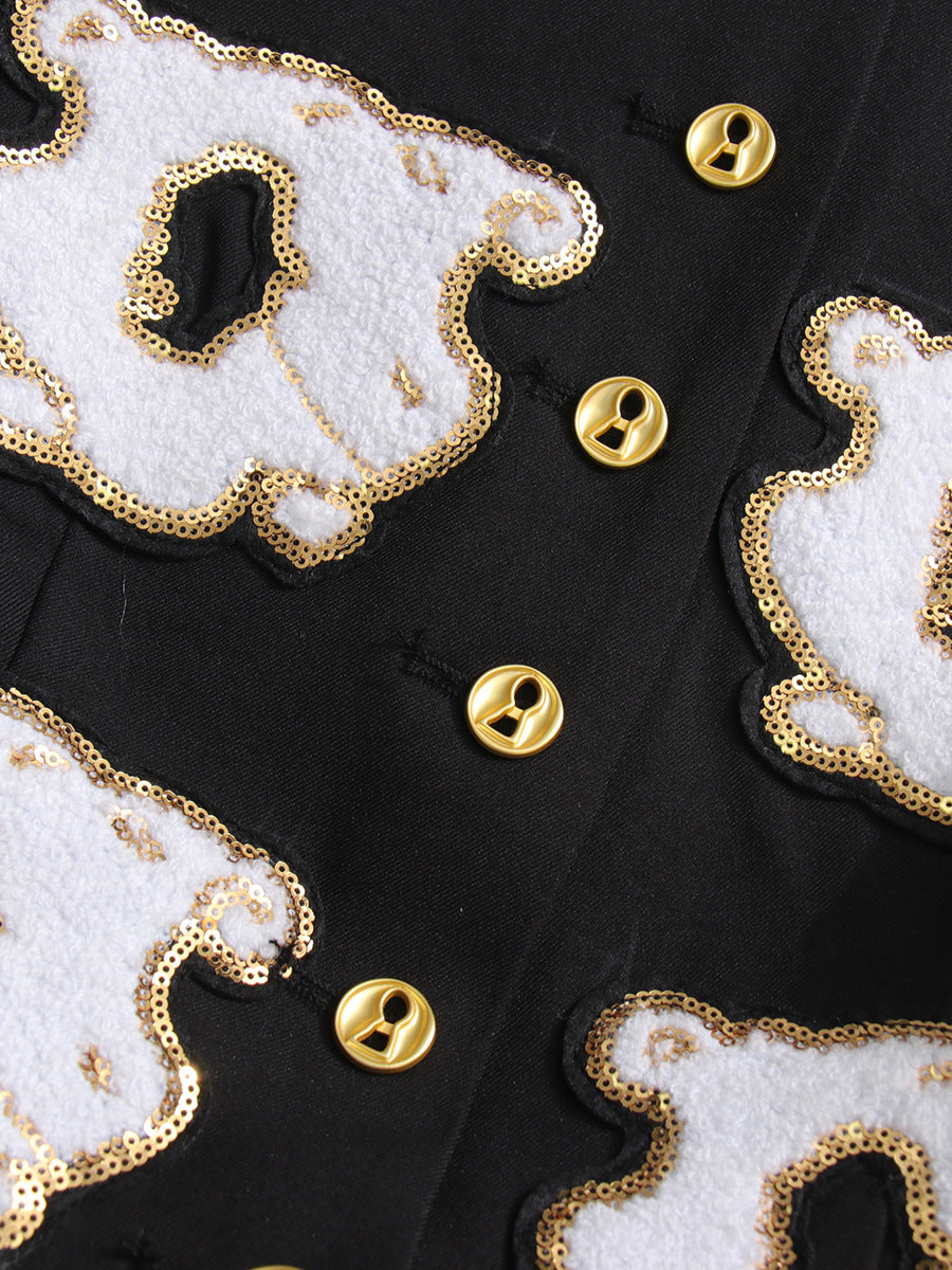 Guto Black Round-neck Patchwork Button Jacket Flowering Girl