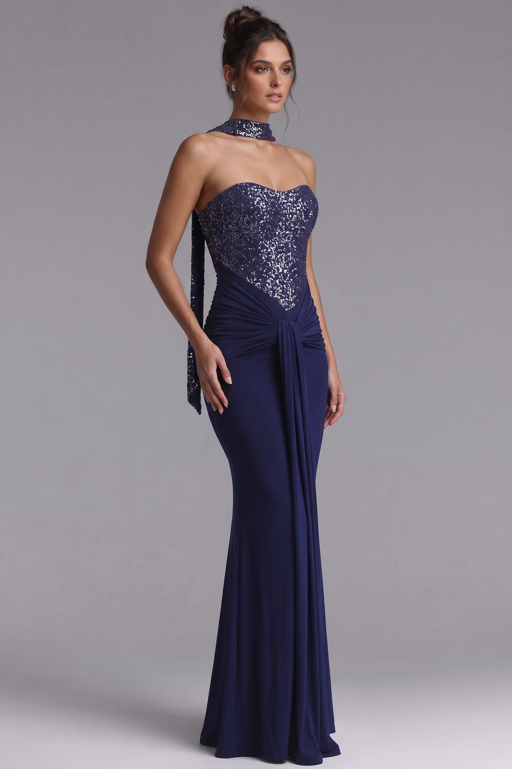 Navy Sequin Mermaid Evening Gown, Halter Choker Formal Maxi Dress Flowering Girl