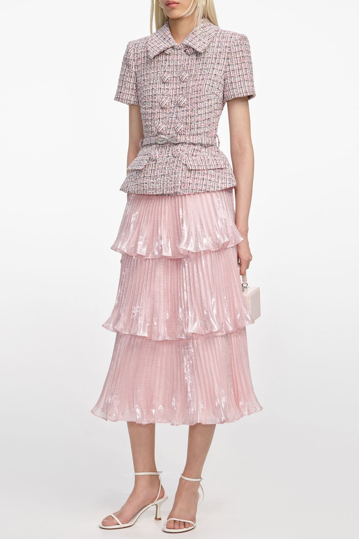 Beulah Pink Boucle Metallic Tiered Midi Dress Flowering Girl