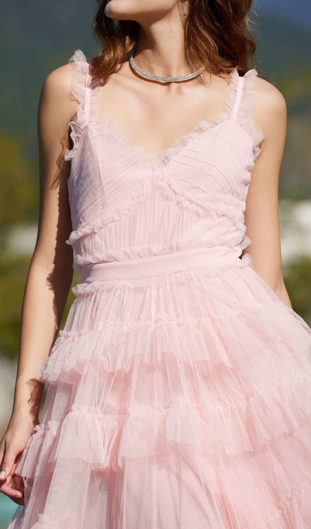 Pink Ruffle V Neck Sleeveless Tiered Tulle Maxi Dress Flowering Girl