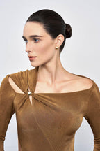 Eleanor Sheath Asymmetric Neck Taffeta Midi Dress in brown Flowering Girl