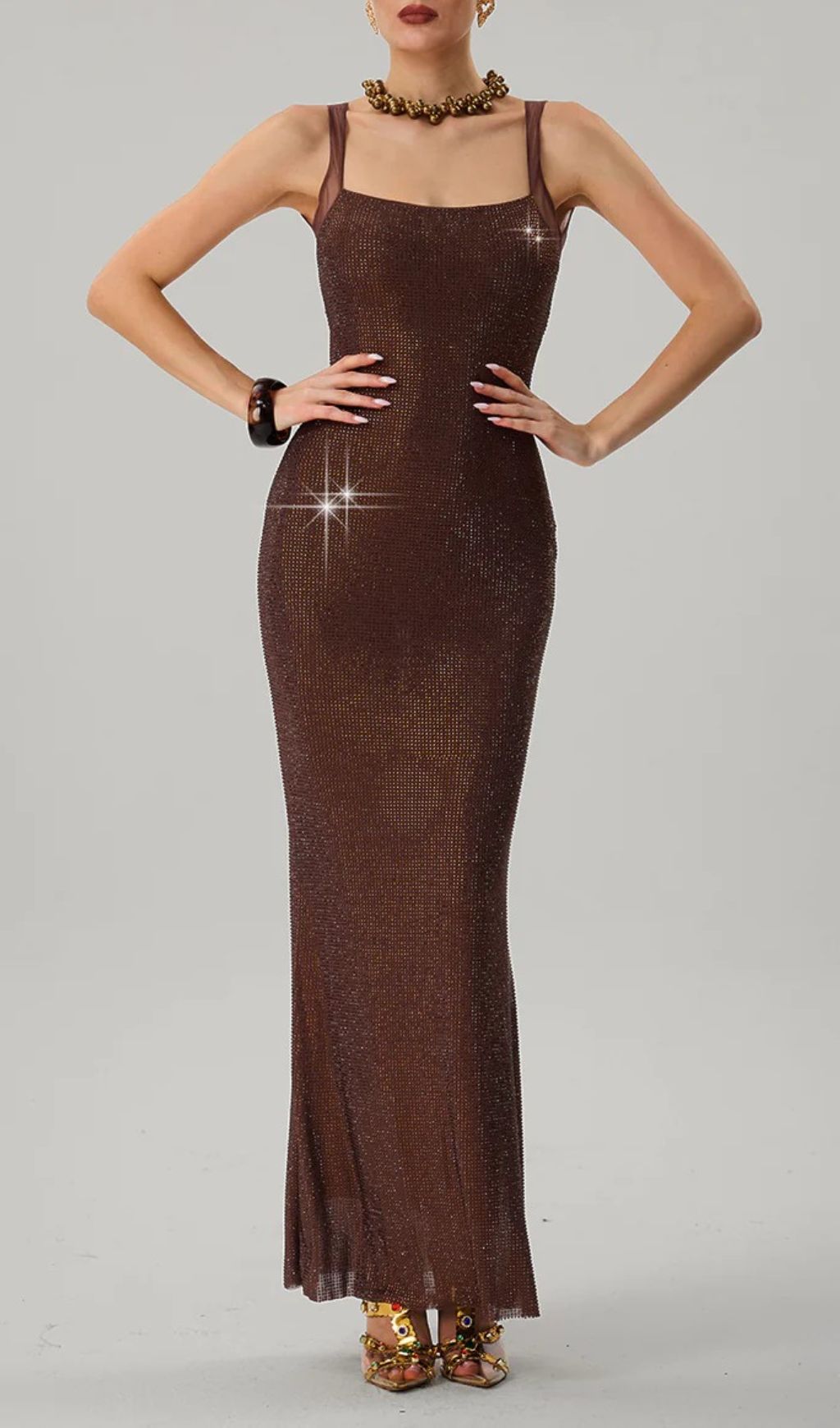 Jouncegrid Backless Rhinestone Maxi Dress In Brown Flowering Girl
