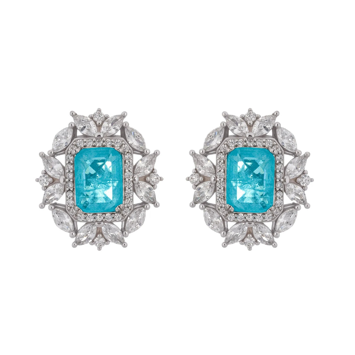 Kaisu Aquamarine Emerald Cut Gemstone Sterling Silver Earrings Flowering Girl