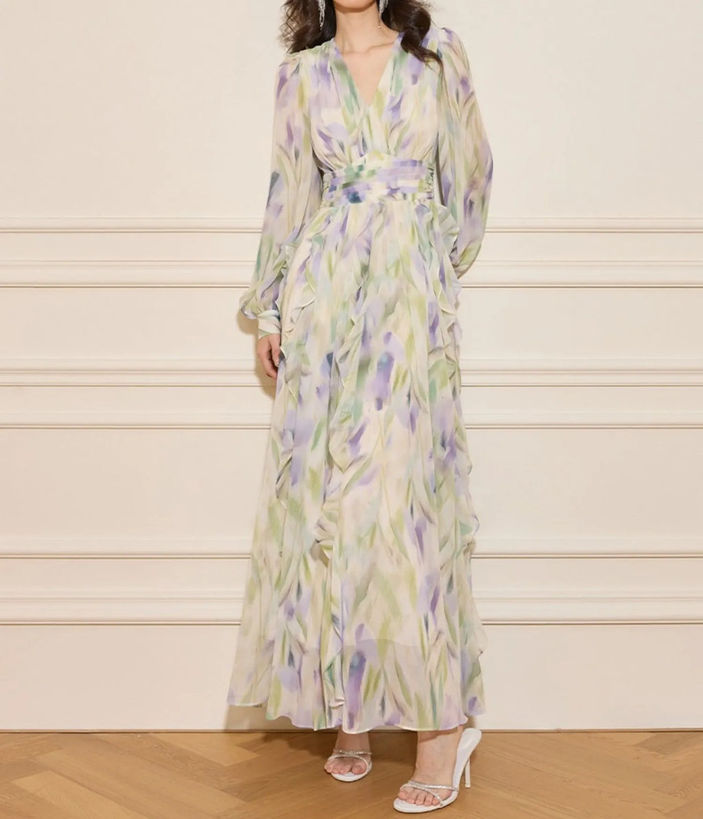 Rachel Multicolor v-Neck Floral Print Lantern Sleeve Maxi Dress Flowering Girl