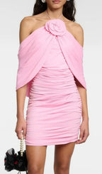 Brick Pink Halter Flower Draped Mini Dress Flowering Girl