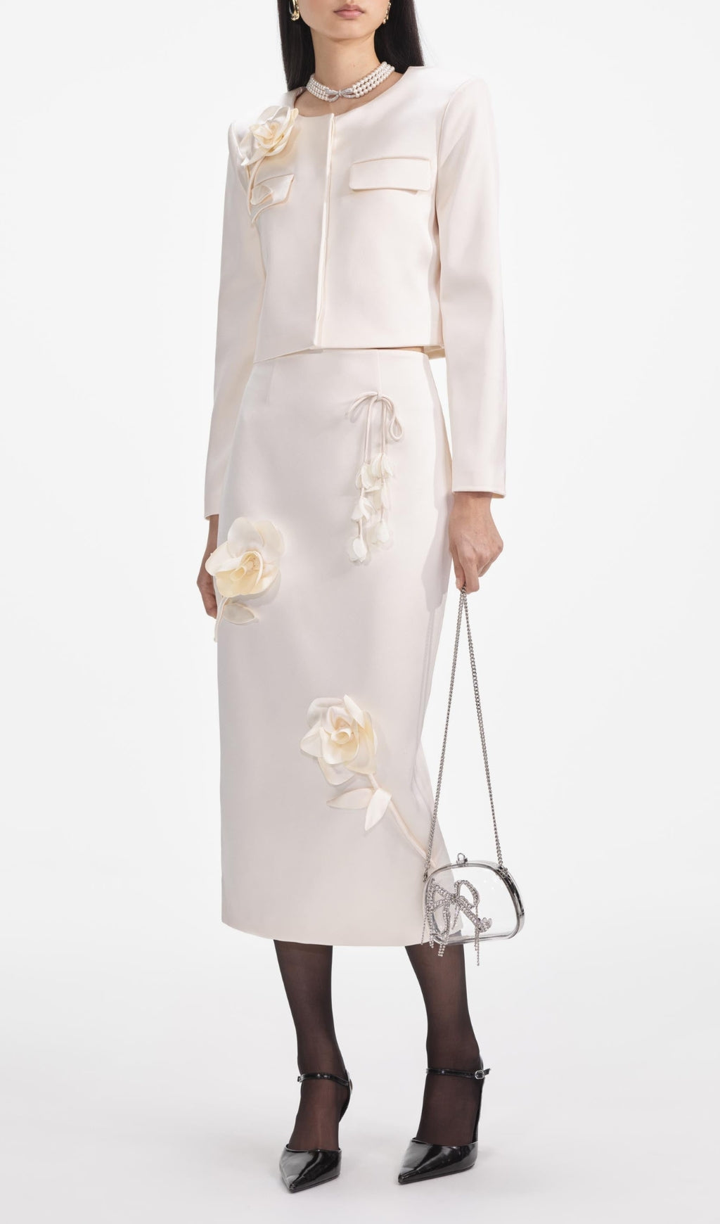Cream 3D Flower Satin Midi Skirt Flowering Girl