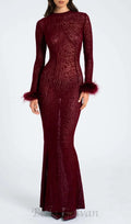 burgundy mesh feather maxi dress Flowering Girl