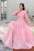 Lace Splicing Long Sleeve Midi Dress Flowering Girl