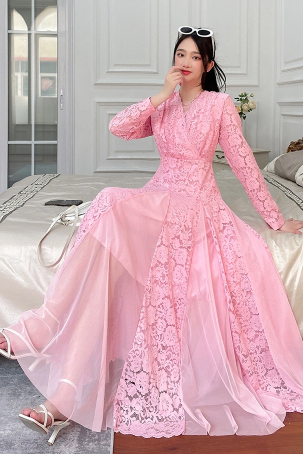 Lace Splicing Long Sleeve Midi Dress Flowering Girl